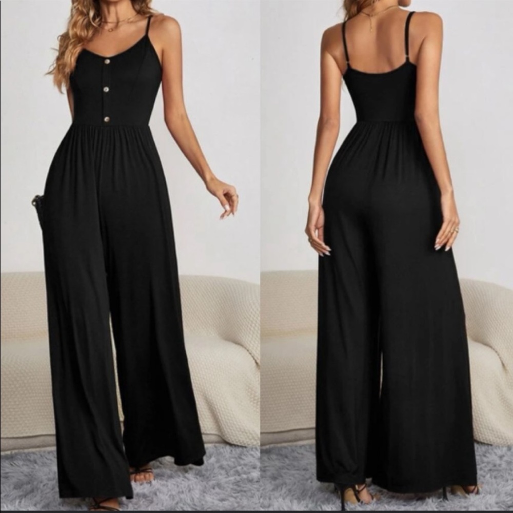 Boho button detail spaghetti straps Wide Leg jumpsuit Yellow Mustard - Picture 6 of 15